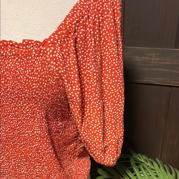 LOFT Orange and White Puff Sleeve Smocked Blouse - Picture 4 of 7